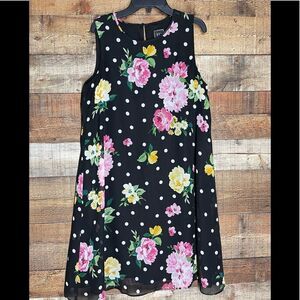 JH black floral swing dress white polka dots sleeveless, size 10‎